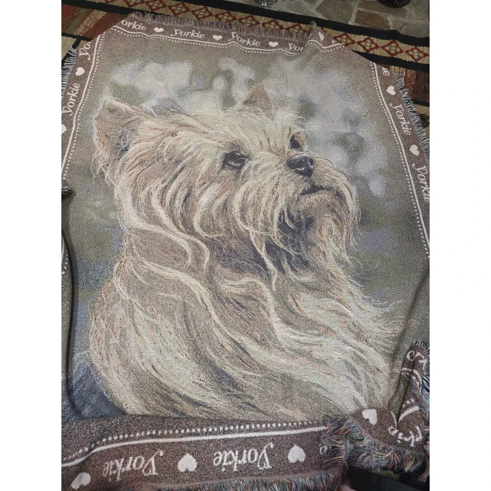 Vintage Danbury Mint “I Love Yorkies” Dog Tapestry Blanket Throw 100% Cotton USA